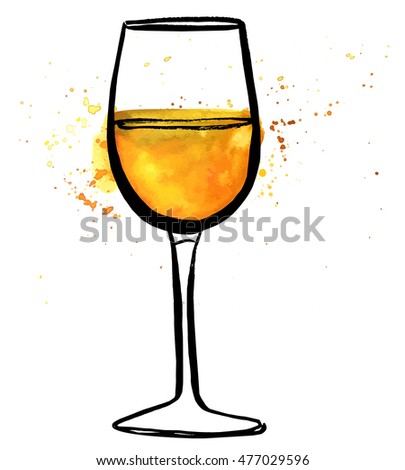 A vector and watercolor freehand drawing of a glass of white wine with splashes of paint, on white background
