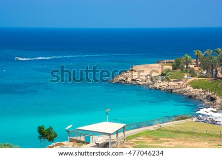 Sea coast, bay in a quiet sunny day. Mediterranean Sea, Cyprus.