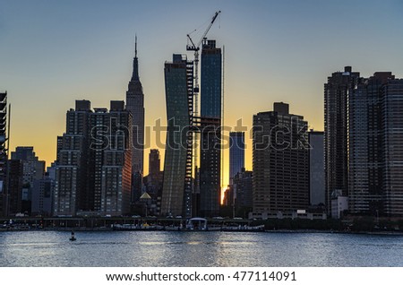 Beautiful panoramic view of lower Manhattan, cityscape at sunset. New York City, USA.
