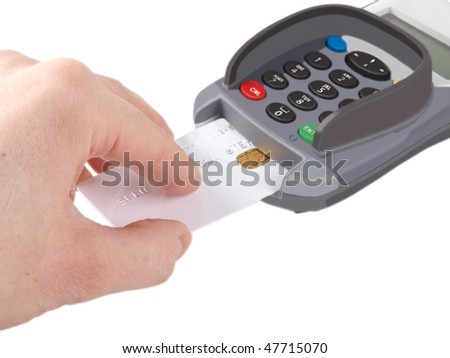 Someone inserting a debit-/credit-card with chip into a payment terminal, on white background Royalty-Free Stock Photo #47715070