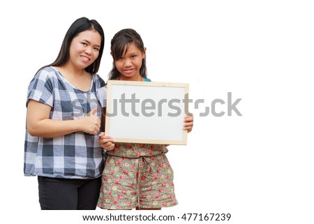 Asian thailand mother and daughter smile holding blank board, isolated on white background with copy space. Board with blank can add your text or others. clipping path in picture.