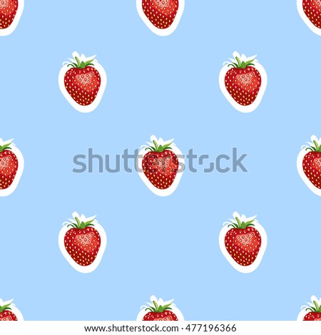 Seamless pattern of realistic image of delicious ripe strawberries same sizes. Blue background
