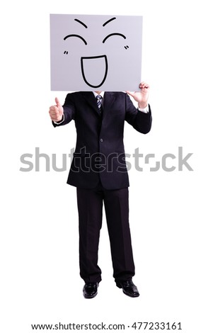 businessman holding happy expression billboard and thumb up with isolated white background