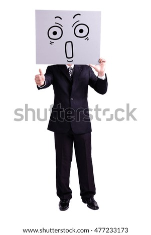businessman holding surprise expression billboard and thumb up with isolated white background