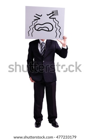 businessman holding crying expression billboard with isolated white background