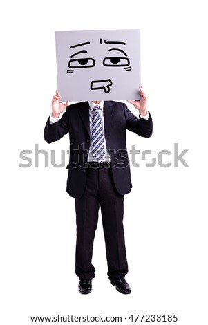 businessman holding confused expression billboard with isolated white background