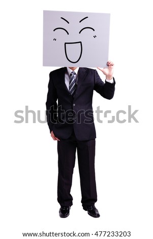 businessman holding happy expression billboard with isolated white background