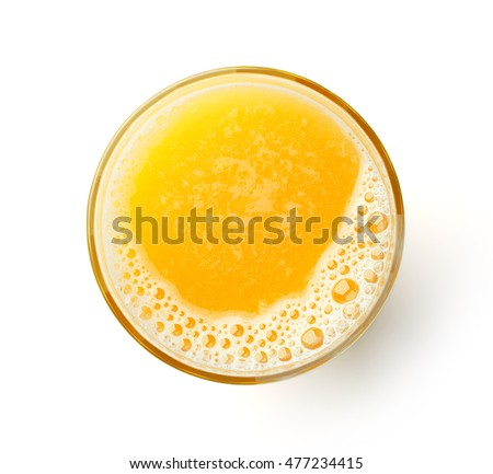 glass of fresh orange juice isolated on white background, top view Royalty-Free Stock Photo #477234415