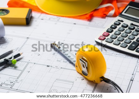 House plans with calculator for costing estimate Royalty-Free Stock Photo #477236668