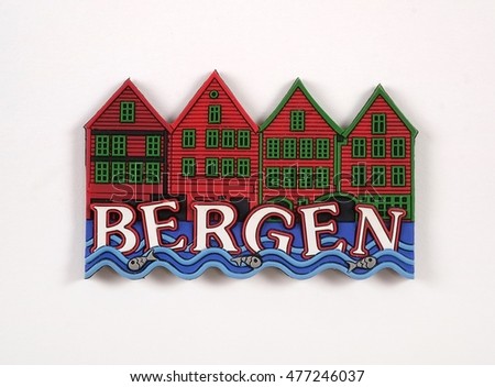 Souvenir (magnet) from Bergen (Norway) isolated on white background