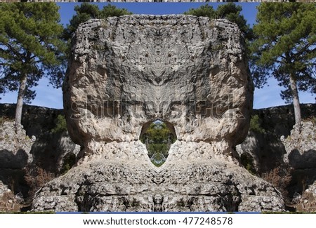 geometric composition of abstract landscapes of Karst formations in the Cañadas, Cuenca, Spain, abstract surreal photography,Karstic formations are limestones, symmetrical composition, kaleidoscopic