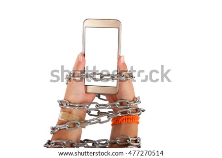 Chained hands of a child holding a smartphone with white screen. Smartphone, Internet addiction concept. Studio isolated on white background.