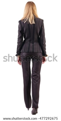 back view of walking business woman.  going young girl in black suit. Rear view people collection.  backside view of person.  Isolated over white background.