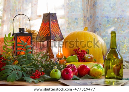 Thanksgiving - a family holiday, still life with vegetables and fruits of autumn, vintage. Sunny and comfortable photo at home, thank God.