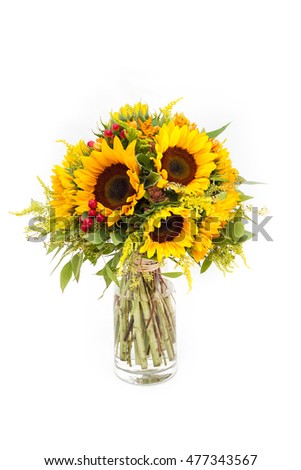 Wedding bouquet made of sunflowers and roses isolated on a white background