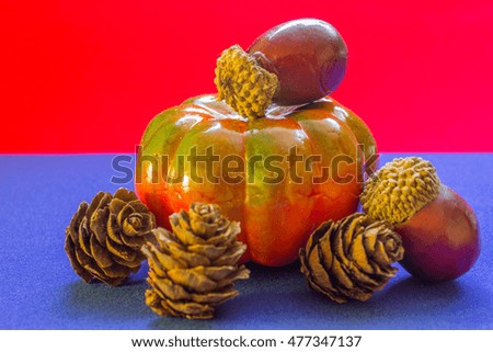 pine cone with acorn and pumpkin on blue and red background
