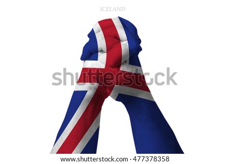 Man clasped hands patterned with the ICELAND flag