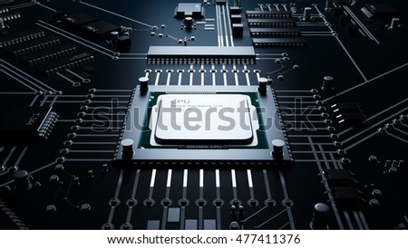 Cpu on a motherboard. technology background. High resolution 3d render Royalty-Free Stock Photo #477411376