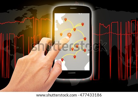 Transportation integration concept , logistic concept , smartphone screen with gobal and representing business growth with black color background.