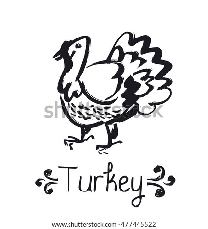 funny thanksgiving turkey sketch. american cuisine poultry vector illustration in black and white