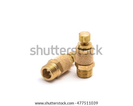 Brass silencer on the white background,isolated.silencer is used to reduce the dynamic noise for the pneumatic components device exhaust.