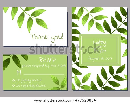 set of wedding cards template with green brunches over white background