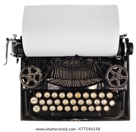 Antique typewriter, with white blank sheet of paper, top view on a white background, view of the mechanism and view of the old font. The possibility of applying logos or description on the card.