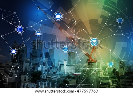 smart city landscape and wireless communication network, abstract image visual
