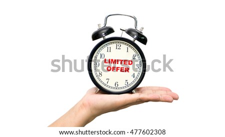 Alarm clock on white background with a word limited offer.