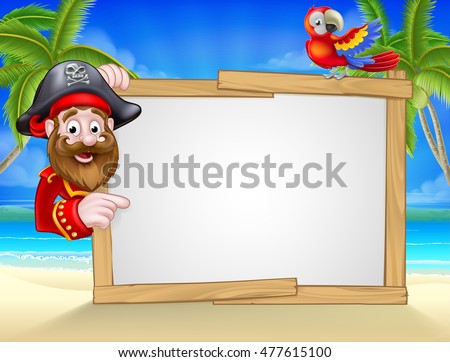 Cartoon friendly pirate on the beach with tropical palm trees, parrot and large blank sign for your text