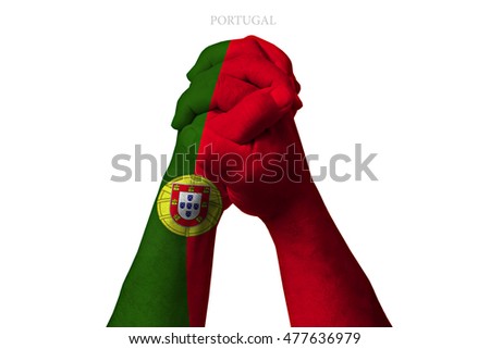 Man clasped hands patterned with the PORTUGAL flag