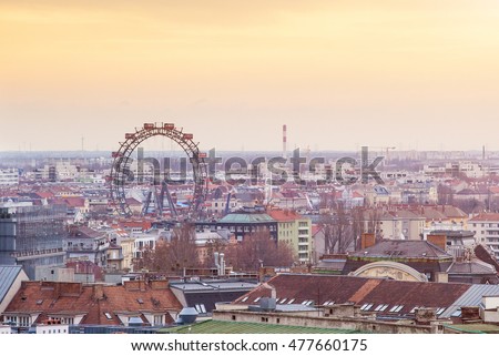 Panoramic view to the historical part of Vienna and Prater park from Danau Turm (Danube Tower) at sunset
