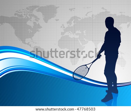 Tennis Player on Abstract Blue Background with Worl Map Original Vector Illustration
