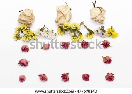 Frame with roses and other flowers isolated on white background. Flat design picture with top view