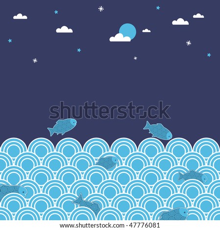 starry seascape background at night with jumping fish, waves on clipping mask