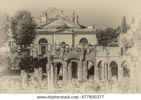 One of the most famous landmarks in the world - Roman Forum (509 BC). Here, triumphal processions took place, elections were held and the Senate assembled. Rome, Italy. Style of an old photo.