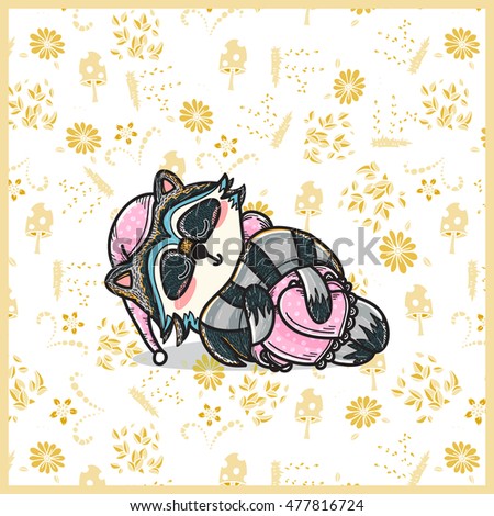 Vector cartoon illustration. Cute greeting card with tribal fashion raccoon girl on forest background, flowers, grass, mushrooms elements. Hand drawn cartoon animal, Kawaii mori-girl style