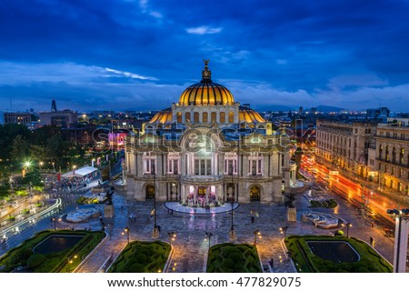 Dusk falls over the Palacio de Bellas Artes in Mexico City. Royalty-Free Stock Photo #477829075