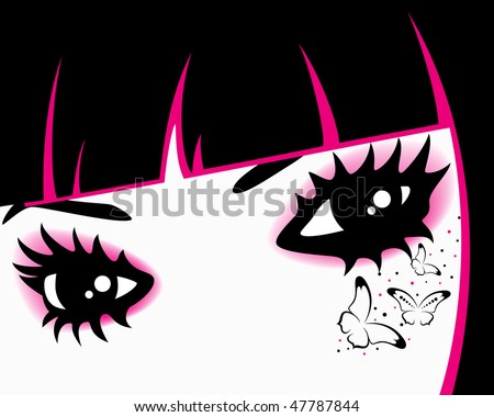 beautiful womanish eyes with bright mak-up in style of emo with butterfly