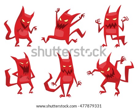 Vector set of cartoon images of funny red devils with horns and tails, with various emotions and actions on a white background. Vector cartoon illustration of devil. Royalty-Free Stock Photo #477879331
