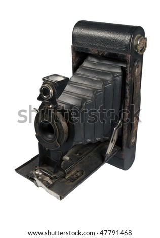 Top view on close-up of the Old Vintage Foldable Camera on isolated White Background