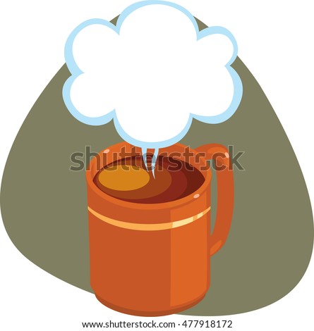 Coffee red mug with gold band and hot steam balloon above. Isolated. Olive background.