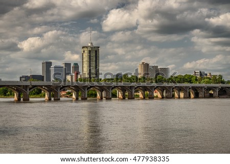 Skyline of Tulsa, Oklahoma with Arkansas river in the foreground