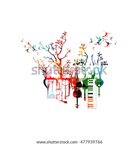 Music instruments template vector illustration, colorful guitar, microphone, piano keyboard, saxophone, trumpet, violoncello, contrabass, banjo, traditional Portuguese guitar, mandolin, music stand