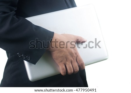 Hand holding Laptop with isolated white background