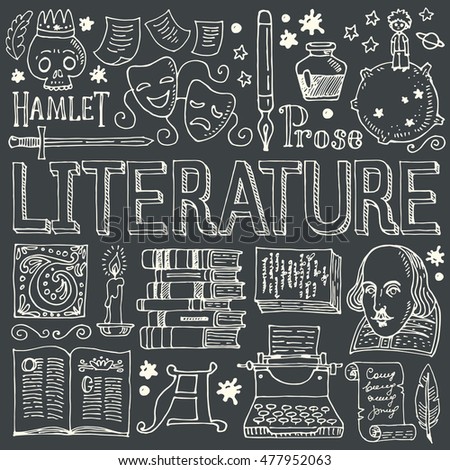 Literature hand drawn vector illustration with doodle icons, images and objects, isolated on blackboard.