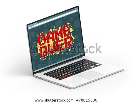 Illustration of 3D black and white isometric laptop with Pixel game over screen