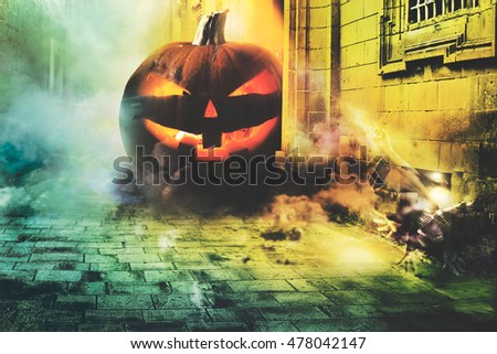Giant pumpkin halloween, coming out of an old house, while the ghosts take pictures. from the gate in an old city