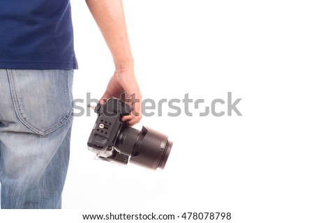 Close up Man holding camera. photographer holding his camera in white background.