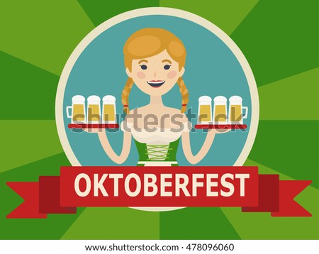 Oktoberfest banner design. Girl with beer. Cartoon colorful raster illustration